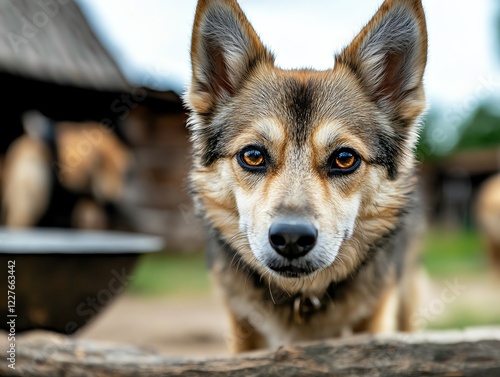 Swedish Vallhund playing in a Vikingera reenactment village, cultural and historical theme photo