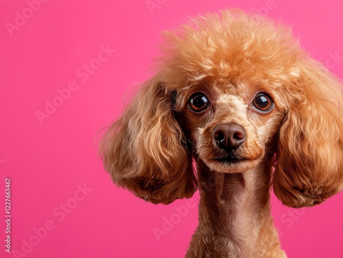 Toy Poodle with a perfectly groomed coat, posing in front of a pastel pink backdrop, adorable and stylish photo