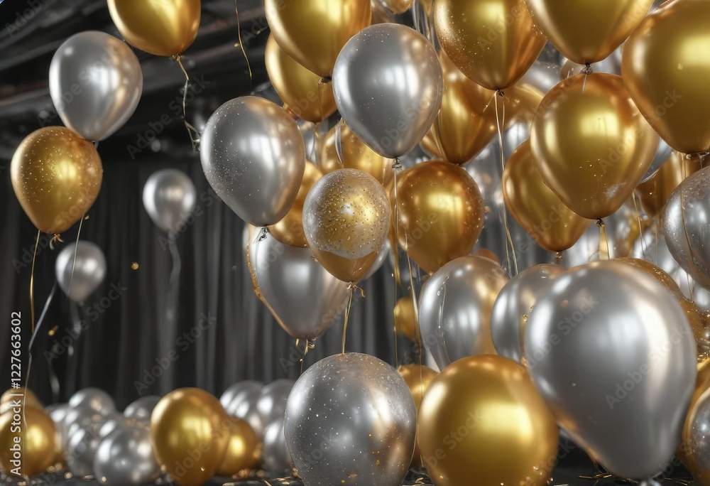 Glittering gold and silver balloons floating above an upscale awards ceremony, glitter, gold Glittering gold and silver balloons floating above an upscale awards ceremony, glitter, gold
