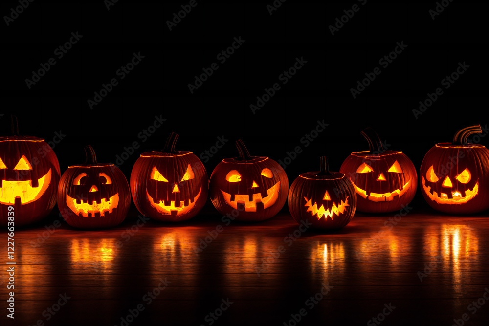 Spooky Halloween Gift Box with Glowing Jack-o'-Lanterns and Eerie Atmosphere Surrounded by Pumpkins and Autumn Leaves in a Mystical Night Scene Spooky Halloween Gift Box with Glowing Jack-o'-Lanterns and Eerie Atmosphere Surrounded by Pumpkins and Autumn Leaves in a Mystical Night Scene