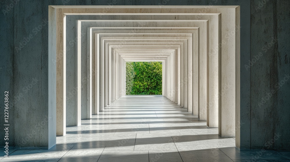 Fototapeta premium Modern Minimalist Architecture with Geometric Lines and Natural Light Creating a Serene Tunnel Effect and Ample Copy Space for Text