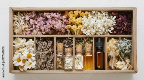 Natural herbs essential oils and dried flowers arrangement for organic cosmetic formulation and natural wellness remedies photo