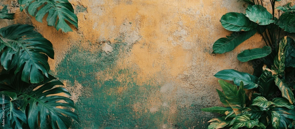 Fototapeta premium Green ochre and brown textured wall with lush foliage suitable for backgrounds or design projects featuring ample empty space for text