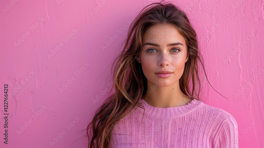 Fototapeta premium Portrait of a Beautiful Young Woman with Long Hair, Wearing Pink Sweater, Against a Pink Background