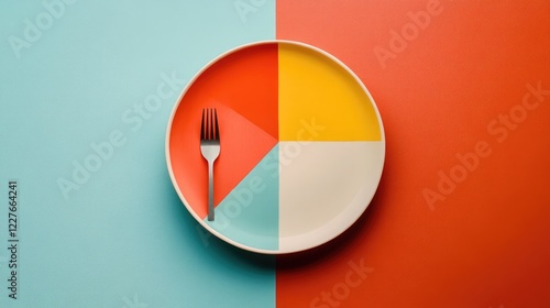 Free Download Minimalist pancake design with vibrant color blocks in De Stijl style on a modern plate arrangement and fork representation - GFXLoad
