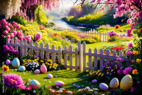 Spring grass and wooden fence with easter eggs and flowers on cloudy sky. Decorated easter eggs in the grass on blue sky background High quality photo
