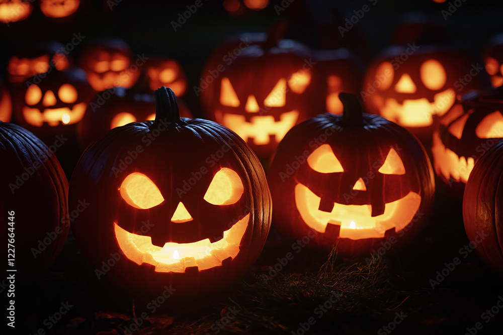 Spooky Halloween Gift Box with Glowing Jack-o'-Lanterns and Eerie Atmosphere Surrounded by Pumpkins and Autumn Leaves in a Mystical Night Scene Spooky Halloween Gift Box with Glowing Jack-o'-Lanterns and Eerie Atmosphere Surrounded by Pumpkins and Autumn Leaves in a Mystical Night Scene