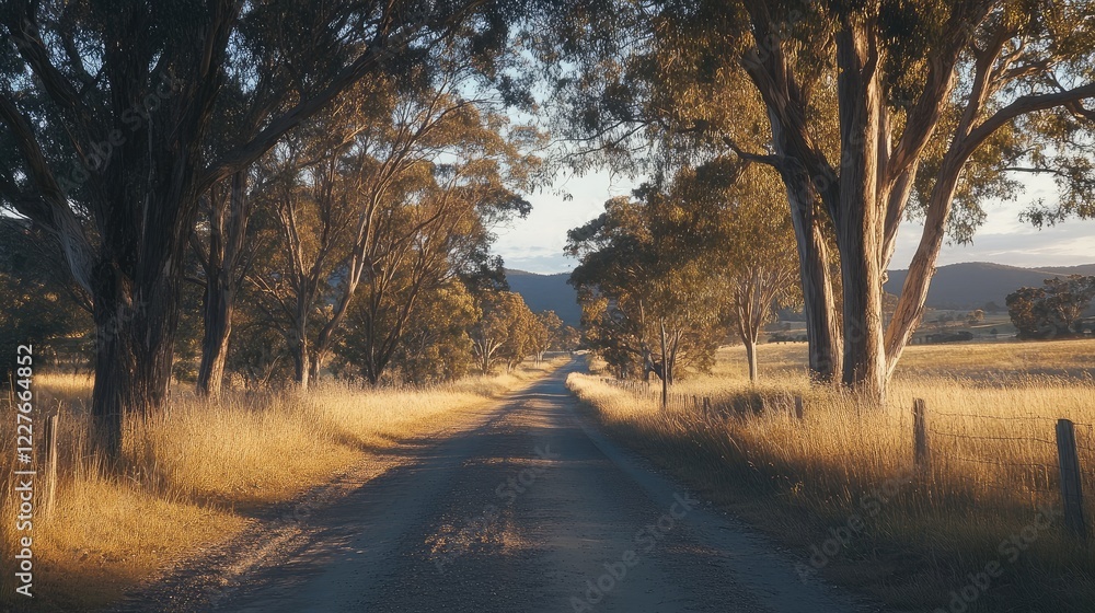 Fototapeta premium Serene country road framed by trees under soft evening light creating a peaceful rural landscape