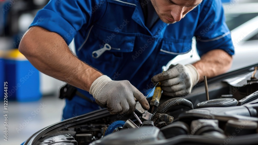 A mechanic working on a vehicle with visible tools and oil stains isolated A mechanic working on a vehicle with visible tools and oil stains isolated