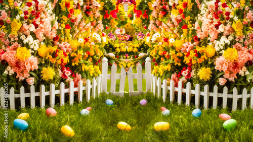 Spring grass and wooden fence with easter eggs and flowers on cloudy sky. Decorated easter eggs in the grass on blue sky background High quality photo