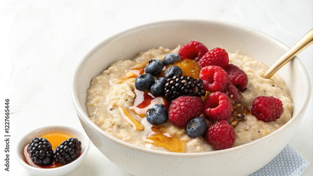 Rich oatmeal porridge with a mix of juicy berries and a drizzle of honey, white background, isolated, food presentation, homemade goodness Rich oatmeal porridge with a mix of juicy berries and a drizzle of honey, white background, isolated, food presentation, homemade goodness