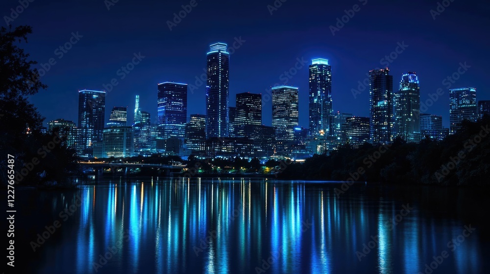 Fototapeta premium City Skyline at Night with Illuminated Skyscrapers Reflecting on Water Surface in Blue Tones