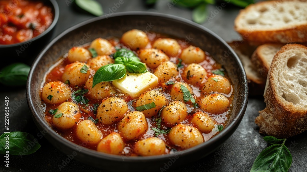Delicious mini gnocchi served in tomato sauce with basil and butter alongside crispy bread and space for text. Delicious mini gnocchi served in tomato sauce with basil and butter alongside crispy bread and space for text.