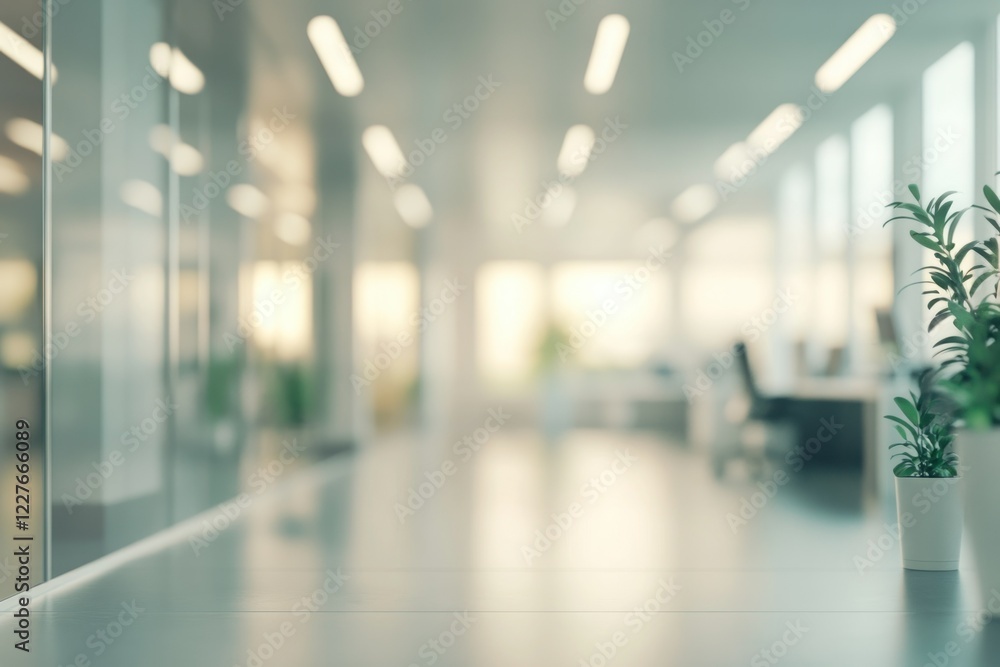 Fototapeta premium Bright office interior with glass walls, minimalistic furniture, and natural elements like indoor plants, creating a clean and inviting workspace.