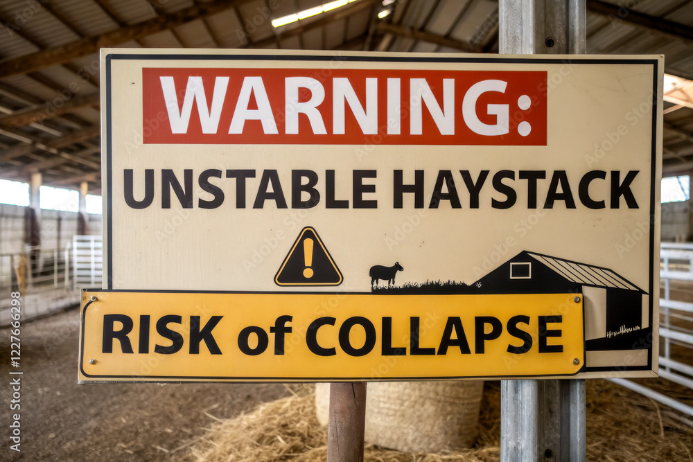 Obraz premium A warning sign indicating an unstable haystack and the risk of collapse, highlighting safety concerns in a barn environment.