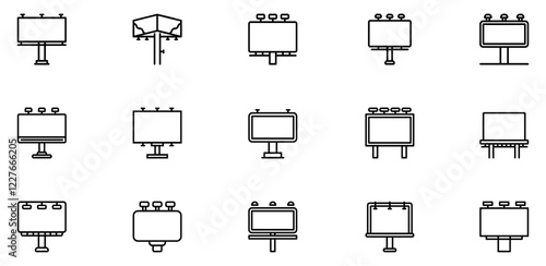 Billboard icon set. Advertising marketing symbols. Billboard, signboard outline icons. Billboard icon set. Advertising publicity advert unipole pictogram line sign. Vector Illustration. EPS 10