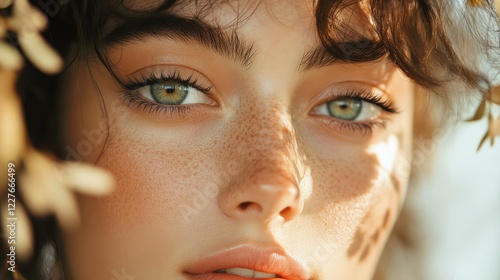 Organic Beauty Products for Radiant Skin Featuring Natural Makeup and Fresh, Glowing Complexion of a Young Woman with Freckles and Curly Hair photo