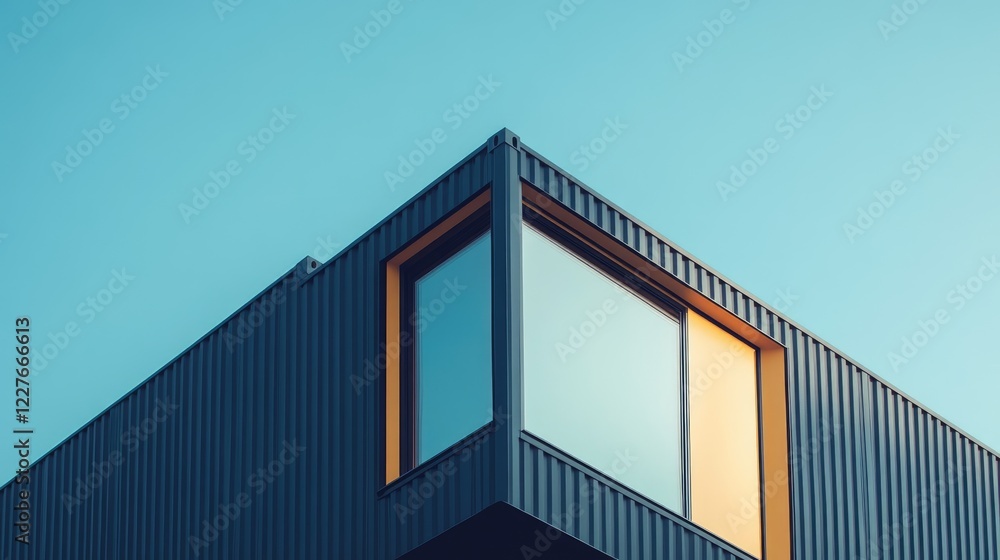 Obraz premium Modern Minimalist Container Home Emphasizing Sustainability and Aesthetic Design with Clear Sky Background for Text Placement