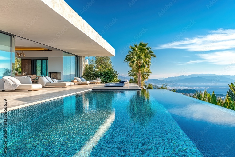 Fototapeta premium Luxurious villa with infinity pool surrounded by greenery and a clear blue sky