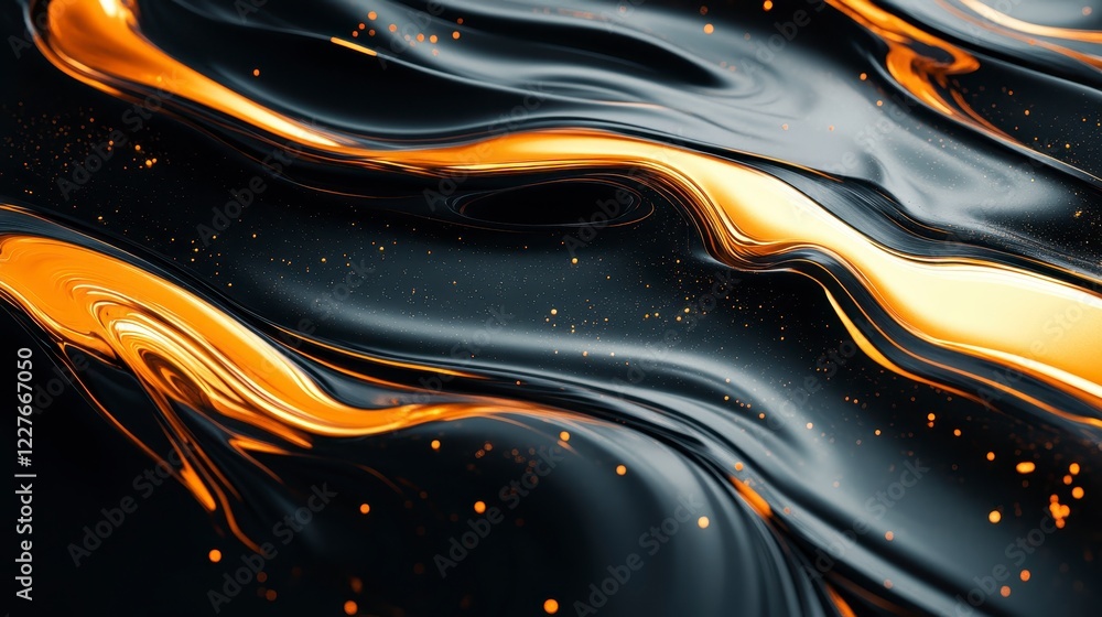 Abstract image of flowing black and gold liquid with glittering particles. Dark background with dynamic waves and metallic sheen. Luxurious and Abstract image of flowing black and gold liquid with glittering particles. Dark background with dynamic waves and metallic sheen. Luxurious and