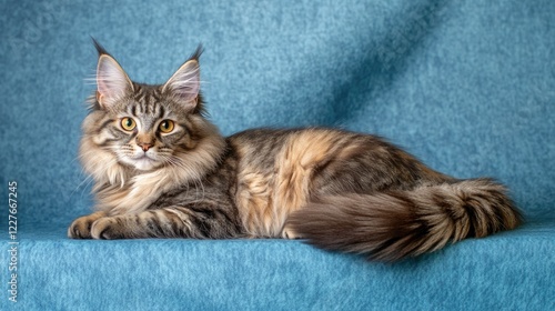 Maine Coon cat lounging gracefully on a blue backdrop with striking fur and captivating eyes photo