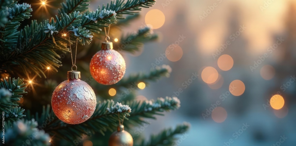 Delicate Christmas tree branches adorned with frosted glass ornaments, delicate, sparkling Delicate Christmas tree branches adorned with frosted glass ornaments, delicate, sparkling