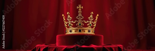 Regal gold crown perched atop a black velvet pedestal amidst a crimson red background with subtle texture and depth effects added, red color scheme, luxury, velvet