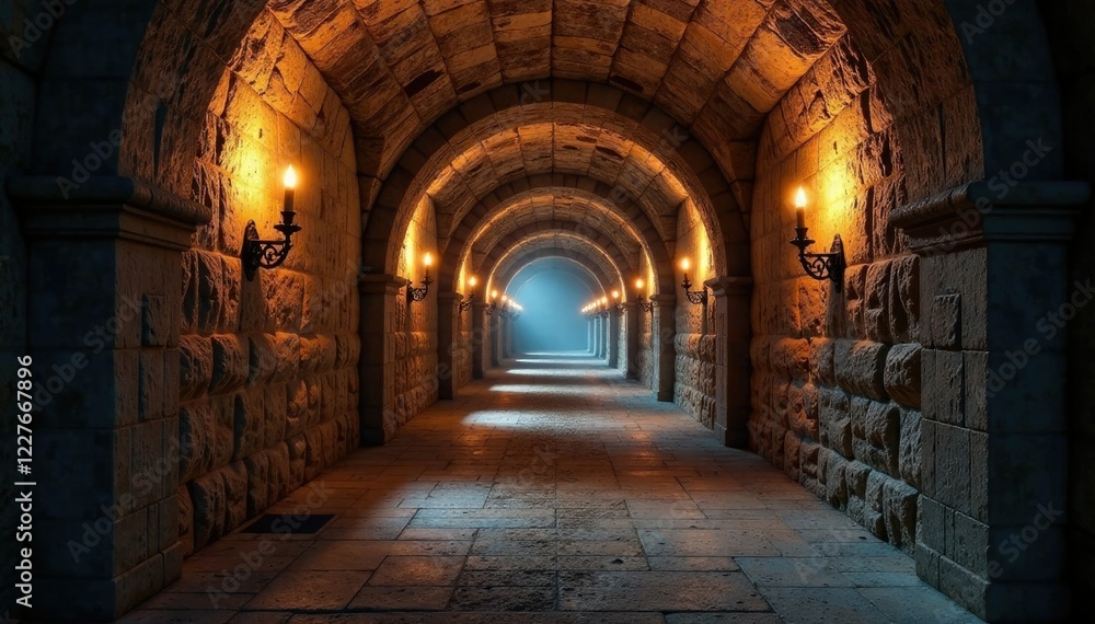 Fototapeta premium Corridors of weathered stone lined with torches and a sense of age, peaceful, atmospheric