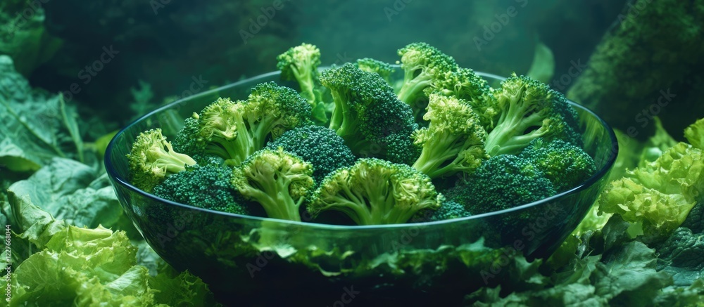 Fresh broccoli bowl set in a lush green environment showcasing natural nourishment with ample space for text and branding opportunities Fresh broccoli bowl set in a lush green environment showcasing natural nourishment with ample space for text and branding opportunities