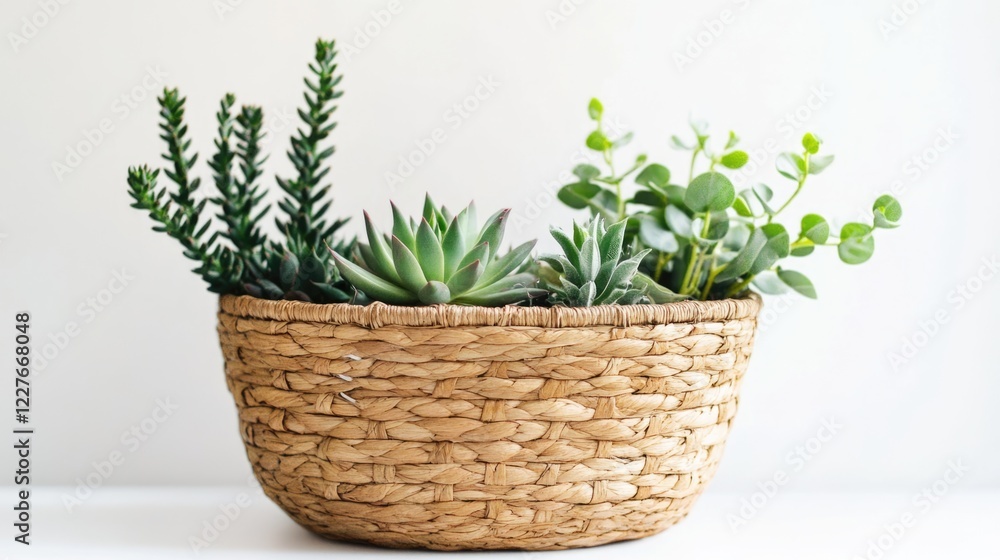 Fototapeta premium Minimalist Woven Basket Featuring Assorted Succulent Plants and Fresh Greenery for Home Decor