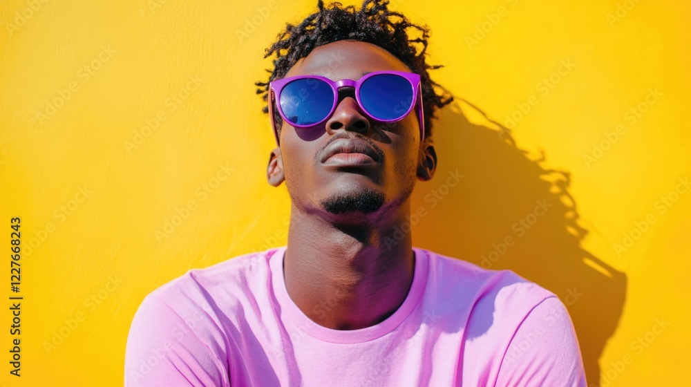 Man wearing purple sunglasses and a pink t-shirt against a vibrant yellow background in a low saturation matte style fashion shoot. Man wearing purple sunglasses and a pink t-shirt against a vibrant yellow background in a low saturation matte style fashion shoot.