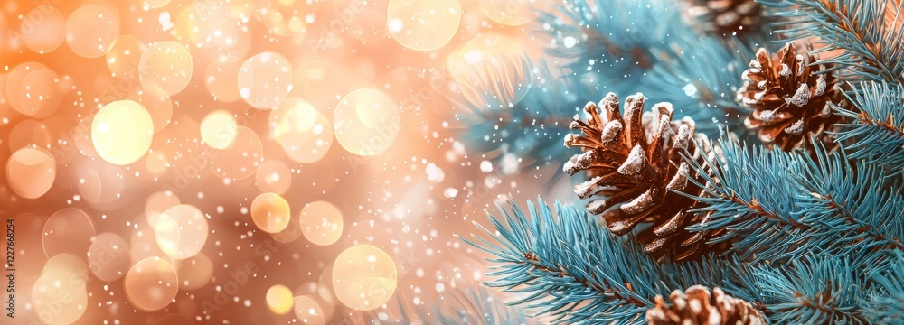 A Christmas scene with a wintery, blurred background featuring a decorated Xmas tree adorned with garland lights, creating a festive holiday atmosphere. This design is suitable for a widescreen A Christmas scene with a wintery, blurred background featuring a decorated Xmas tree adorned with garland lights, creating a festive holiday atmosphere. This design is suitable for a widescreen