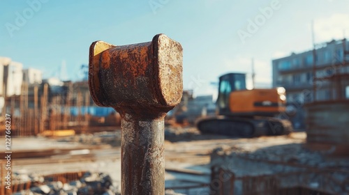 Metal Rammer on Construction Site with Heavy Machinery in Background under Clear Blue Sky photo