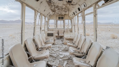 Abandoned Bus in Barren Wasteland, decaying vehicle amidst desolation, shattered windows reveal emptiness, broken seats litter the ground, a haunting reminder of lost journeys. photo