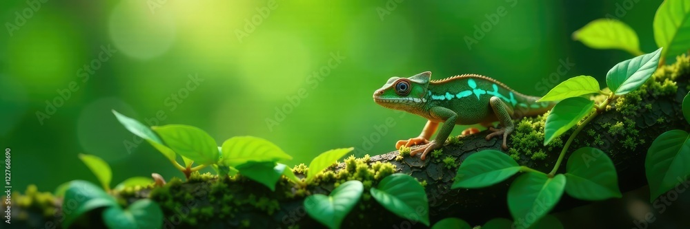 Naklejka premium A tiny chameleon blends into the dense foliage of a green bush, jungle, branches