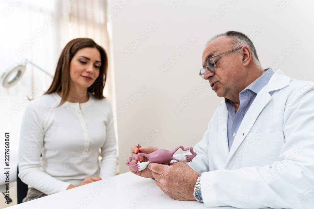 Obraz premium Doctor gynecologist having consultation with patient. The doctor uses the model to explain to the patient the functioning of the female reproductive system, possible problems and their prevention.