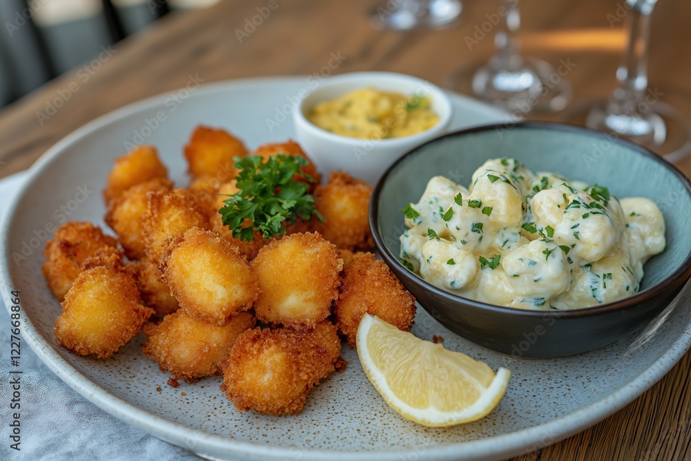 This dish features delicious Backhendl pieces, served with a side of creamy sauce and a wedge of lemon for a refreshing touch. Perfect for a hearty meal. This dish features delicious Backhendl pieces, served with a side of creamy sauce and a wedge of lemon for a refreshing touch. Perfect for a hearty meal.