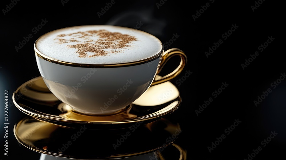 Obraz premium Elegant cappuccino in a gold handled cup set against a sleek black background with ample negative space for your custom text.