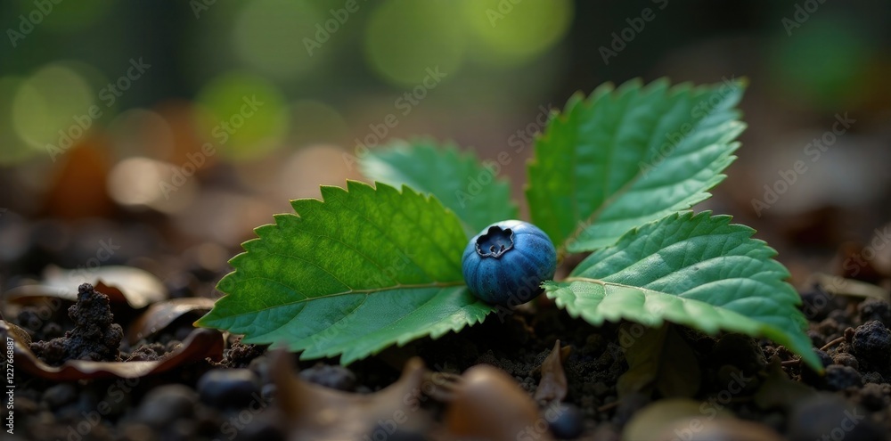 A single blueberry leaf placed on forest floor, earthy tones, forest floor A single blueberry leaf placed on forest floor, earthy tones, forest floor