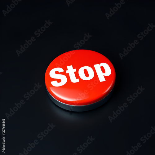 A prominent red button with bold white lettering of Stop emblazoned on it, isolated on a dark background, symbolizing decisive action and control. photo