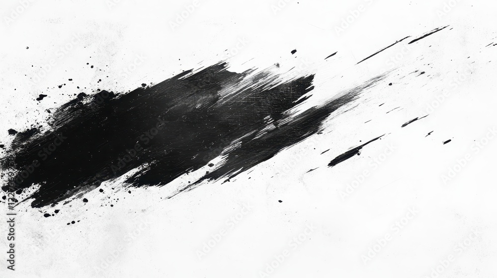 Obraz premium Abstract black ink brush stroke on white background. Dynamic, expressive texture with splatters and streaks. High contrast monochrome artwork ideal