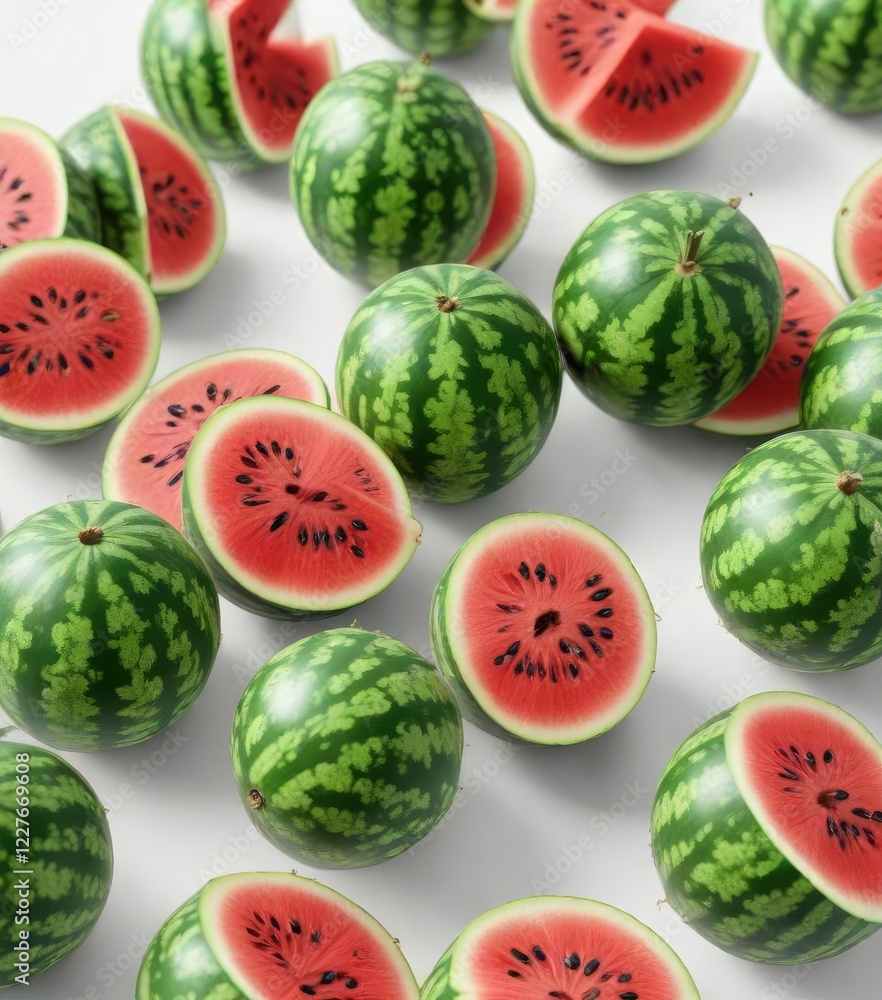 Group of watermelon balls on a white background with copy space, copy space, red Group of watermelon balls on a white background with copy space, copy space, red
