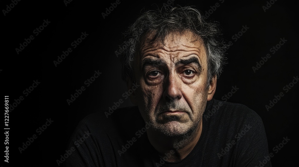 Portrait of an older man displaying a distressed expression against a dark background highlighting his emotional struggle and life experience.