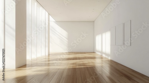 Spacious Minimalist Living Room Showcasing Natural Wood Flooring and Bright White Walls with Abundant Natural Light