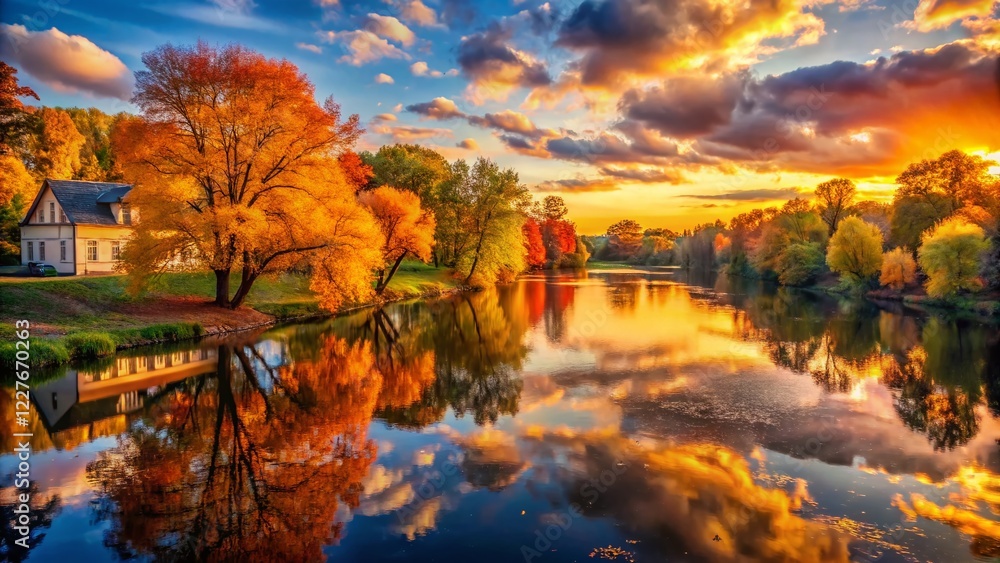 Autumn River Sunset Landscape: Golden Hour Photography Autumn River Sunset Landscape: Golden Hour Photography