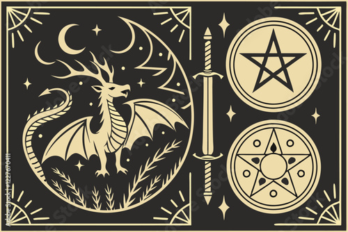 Fantasy icon set, mystical symbols, black and gold color scheme, religious figure, antlers, dragon, winged creatures, swords, magical flames, celestial elements, occult imagery, alchemy symbols, dark 