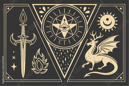 Fantasy icon set, mystical symbols, black and gold color scheme, religious figure, antlers, dragon, winged creatures, swords, magical flames, celestial elements, occult imagery, alchemy symbols, dark 