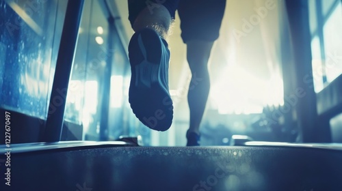 Man Exercising on Treadmill in Gym Emphasizing Fitness Health and Active Lifestyle with Sunlight and Equipment in Background