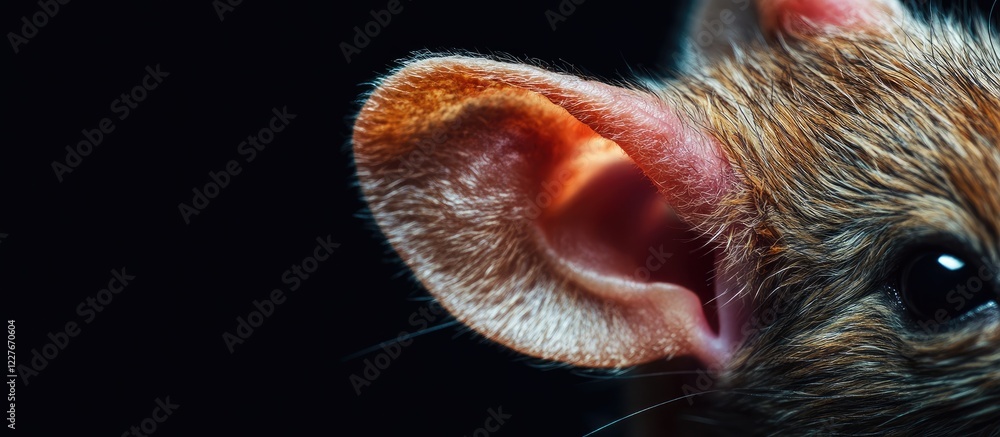 Fototapeta premium Detailed Close-Up of Mouse Ear Anatomy Highlighting Unique Features and Textural Elements with Space for Information or Text Overlay