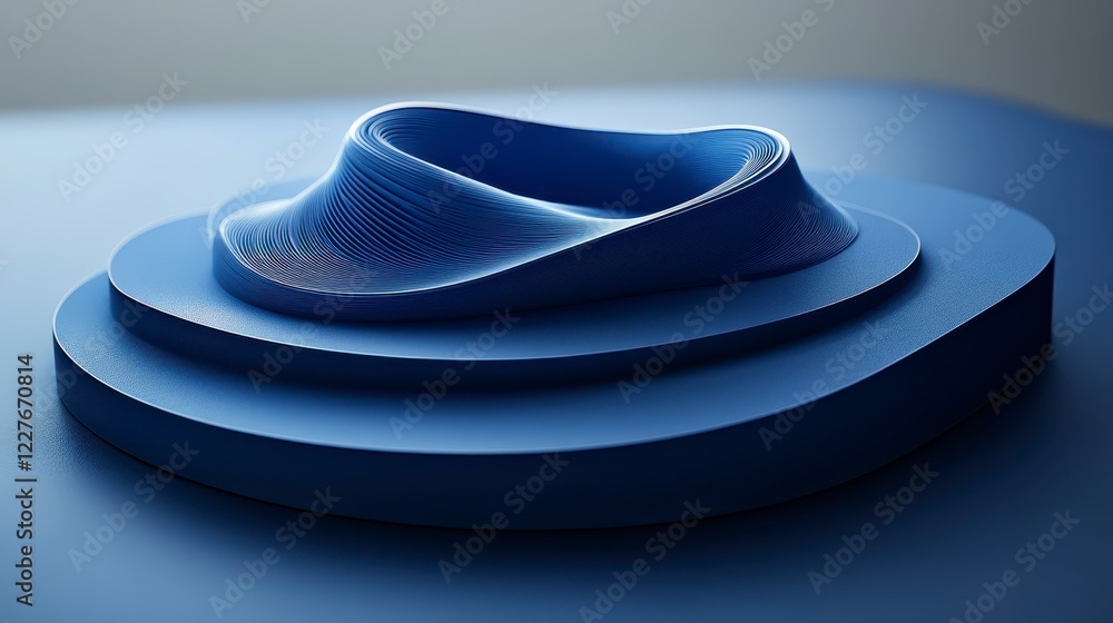 Abstract 3D rendering of a swirling, textured blue form on layered platforms. Soft lighting highlights the intricate details and smooth surfaces Abstract 3D rendering of a swirling, textured blue form on layered platforms. Soft lighting highlights the intricate details and smooth surfaces